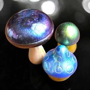 3 Pc Handcrafted Mushroom Art Sculpture - Blue-Green and Gold